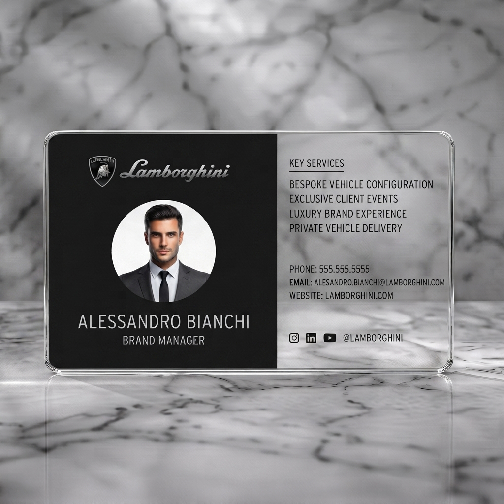 Clear plastic business card featuring sleek, split-layout with Lamborghini branding, professional photo, elegant typography, and social media