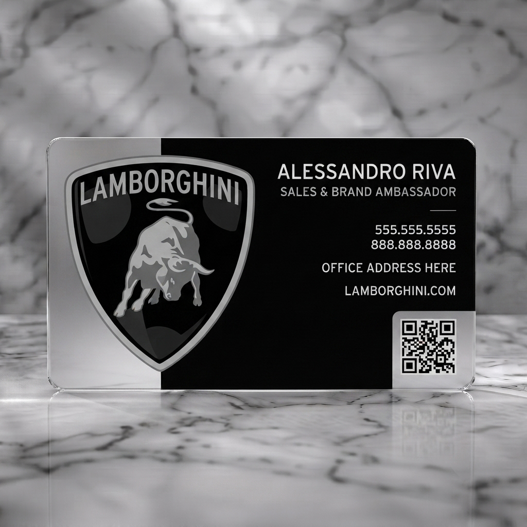 Frosted translucent plastic business card featuring a bold black layout, iconic Lamborghini shield, crisp white sans-serif typography, and QR code