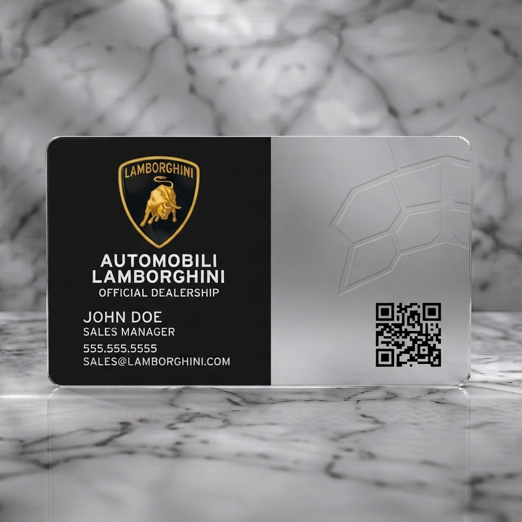 Frosted translucent plastic business card featuring a luxurious black and yellow design with the iconic Lamborghini logo, modern typography, hexagonal pattern, and QR code