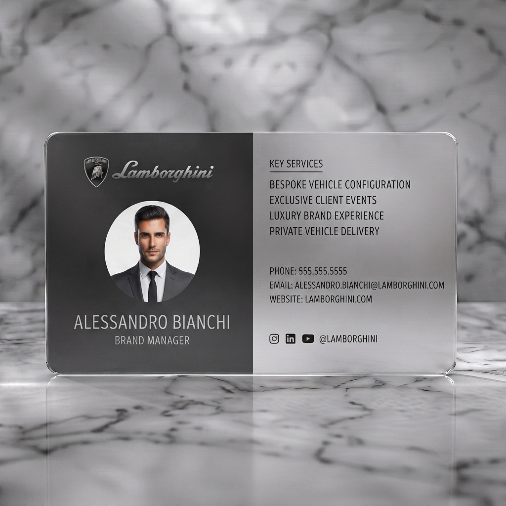Frosted translucent plastic business card featuring sleek, split-layout with Lamborghini branding, professional photo, elegant typography, and social media