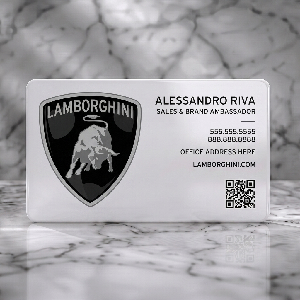Solid white PVC business card featuring a bold black layout, iconic Lamborghini shield, crisp white sans-serif typography, and QR code