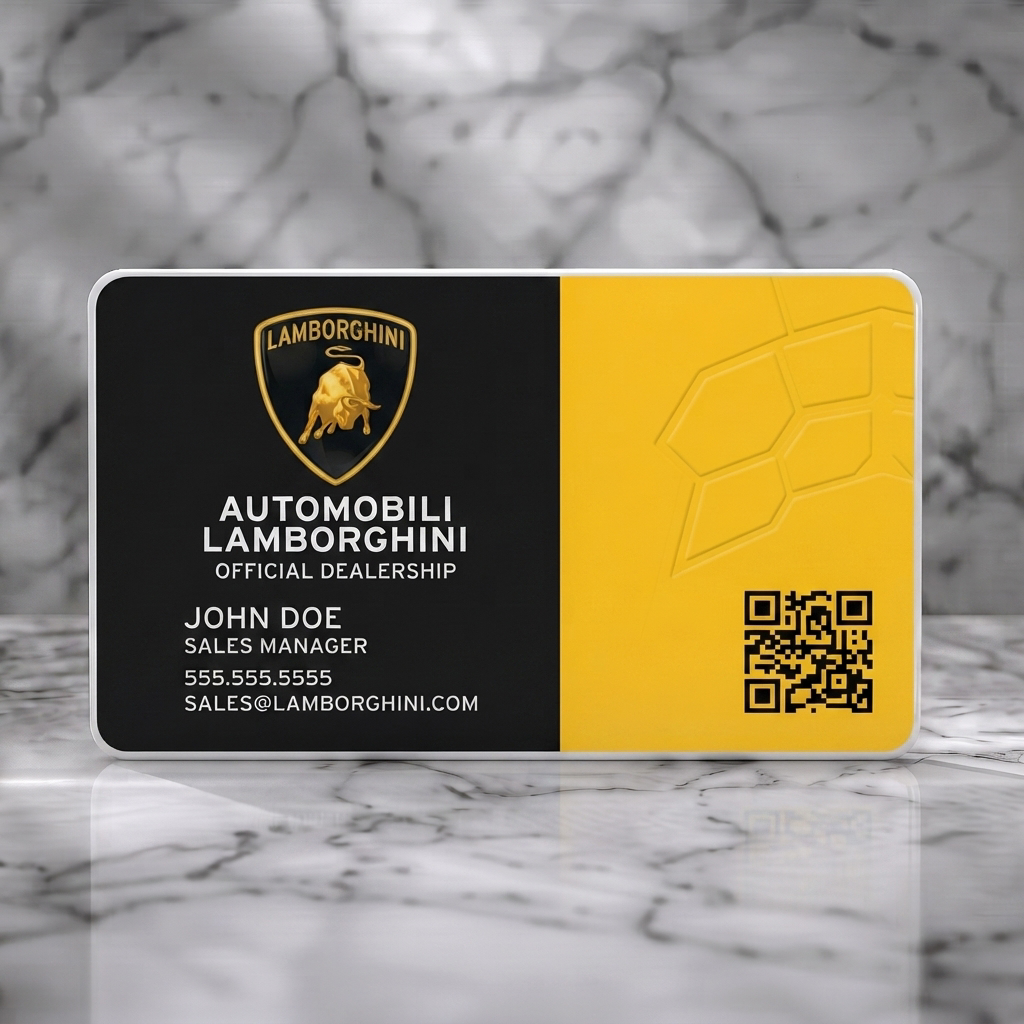 Solid white PVC business card featuring a luxurious black and yellow design with the iconic Lamborghini logo, modern typography, hexagonal pattern, and QR code