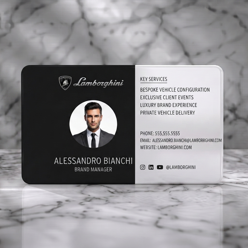 Solid white PVC business card featuring sleek, split-layout with Lamborghini branding, professional photo, elegant typography, and social media