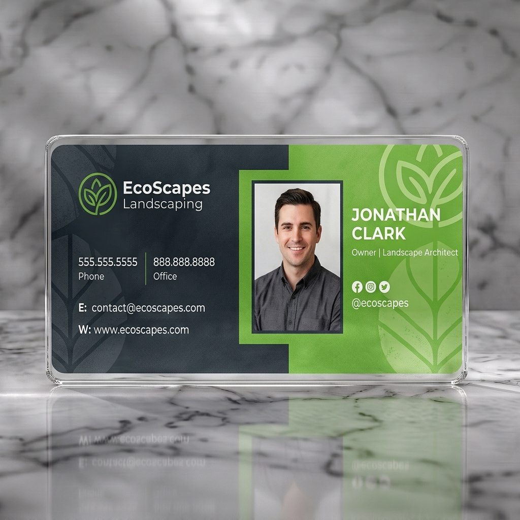Clear plastic business card featuring modern charcoal and vibrant plant-hue design, clean sans-serif text, leaf logo, social icons
