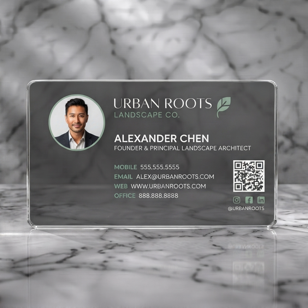 Clear plastic business card featuring modern, dark gray design for landscaping, featuring a leaf logo, circular photo, QR, and social icons