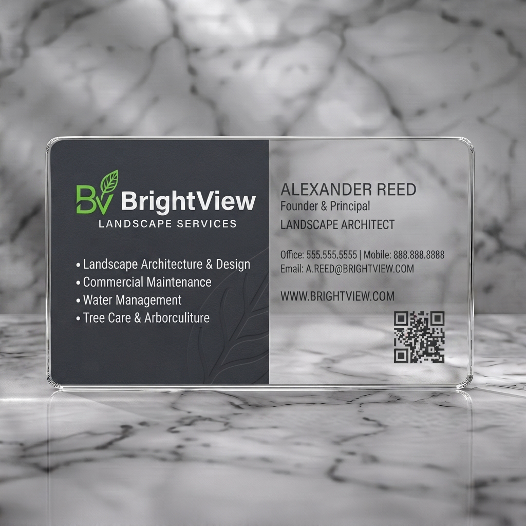 Clear plastic business card featuring modern split design, dark grey/white, with a leaf logo, embossed motif, sans-serif type, QR code