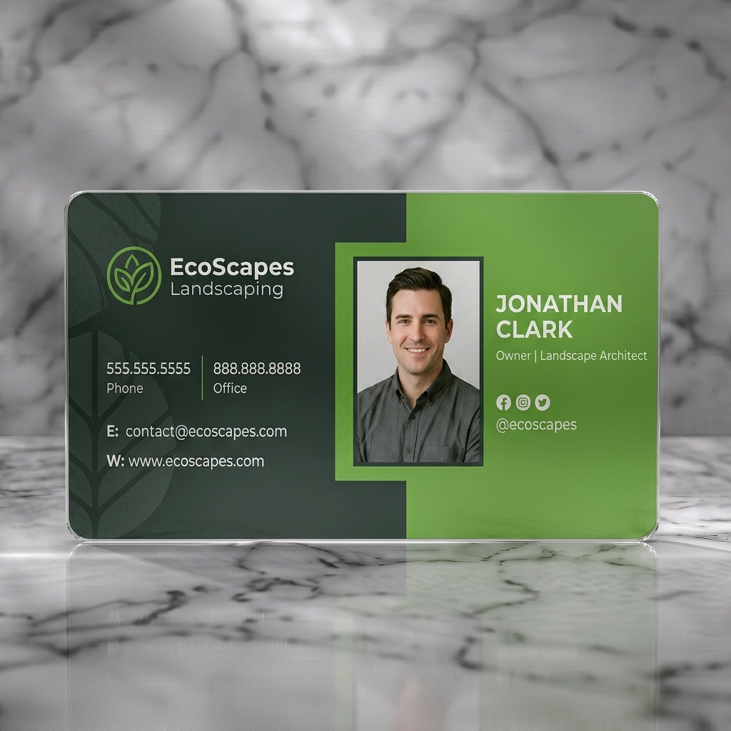 Frosted translucent plastic business card featuring modern charcoal and vibrant plant-hue design, clean sans-serif text, leaf logo, social icons