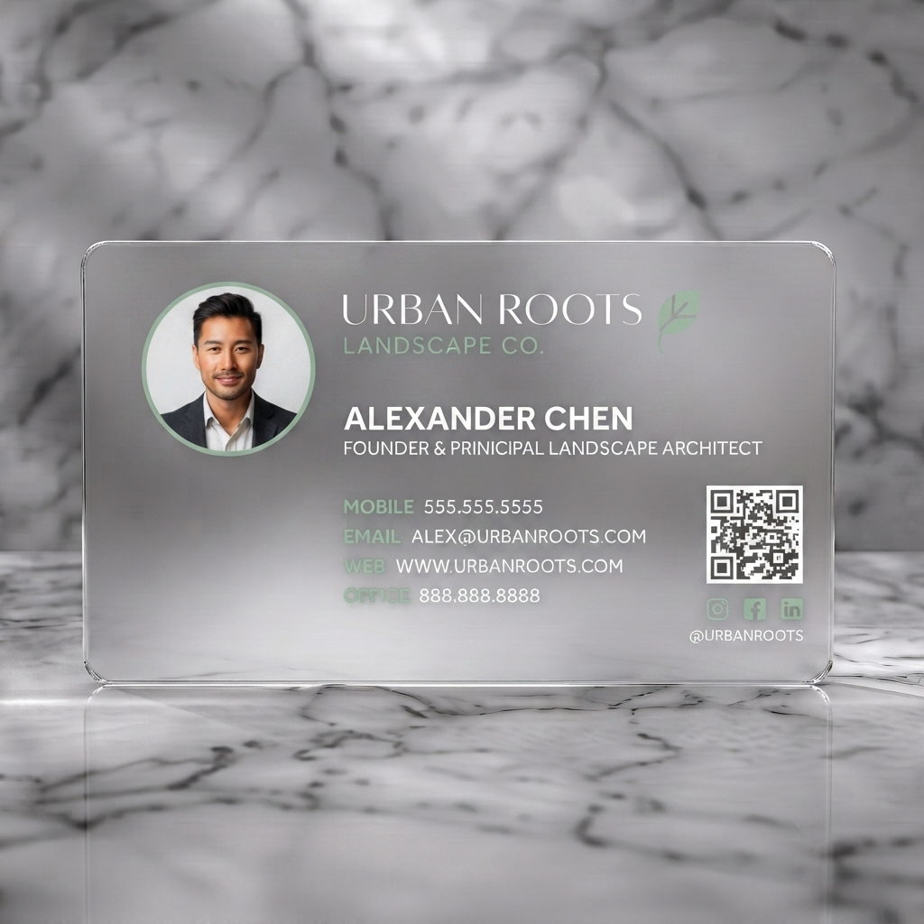 Frosted translucent plastic business card featuring modern, dark gray design for landscaping, featuring a leaf logo, circular photo, QR, and social icons