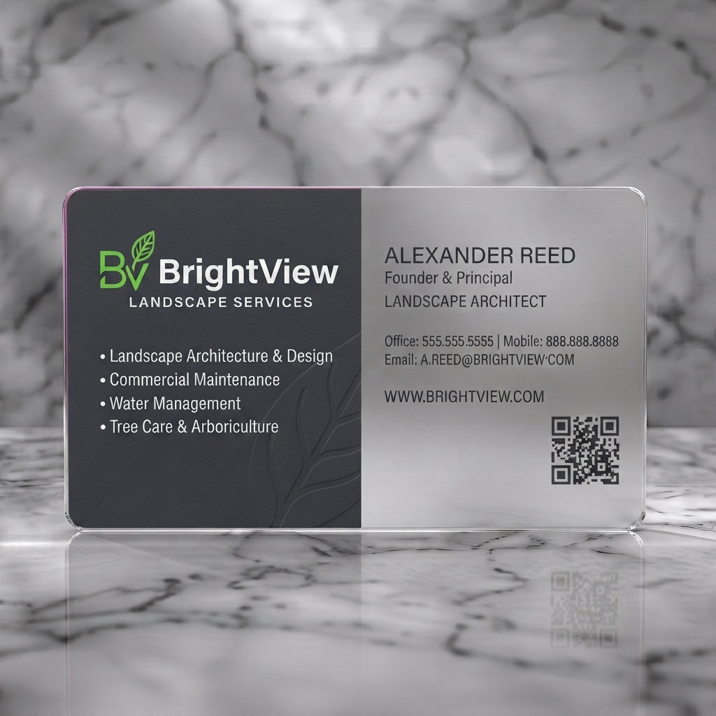 Frosted translucent plastic business card featuring modern split design, dark grey/white, with a leaf logo, embossed motif, sans-serif type, QR code