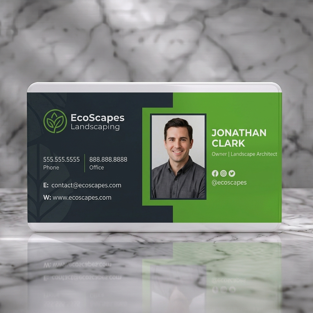 Solid white PVC business card featuring modern charcoal and vibrant plant-hue design, clean sans-serif text, leaf logo, social icons
