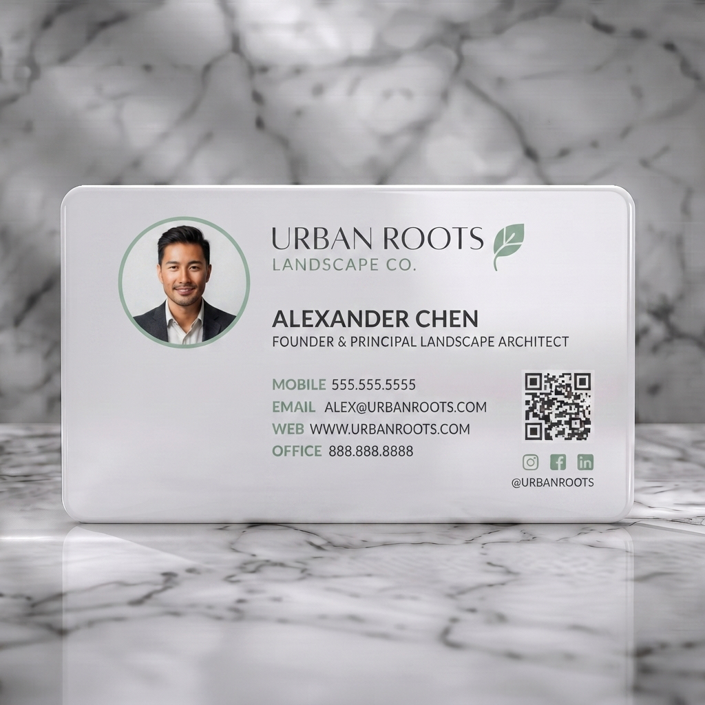 Solid white PVC business card featuring modern, dark gray design for landscaping, featuring a leaf logo, circular photo, QR, and social icons
