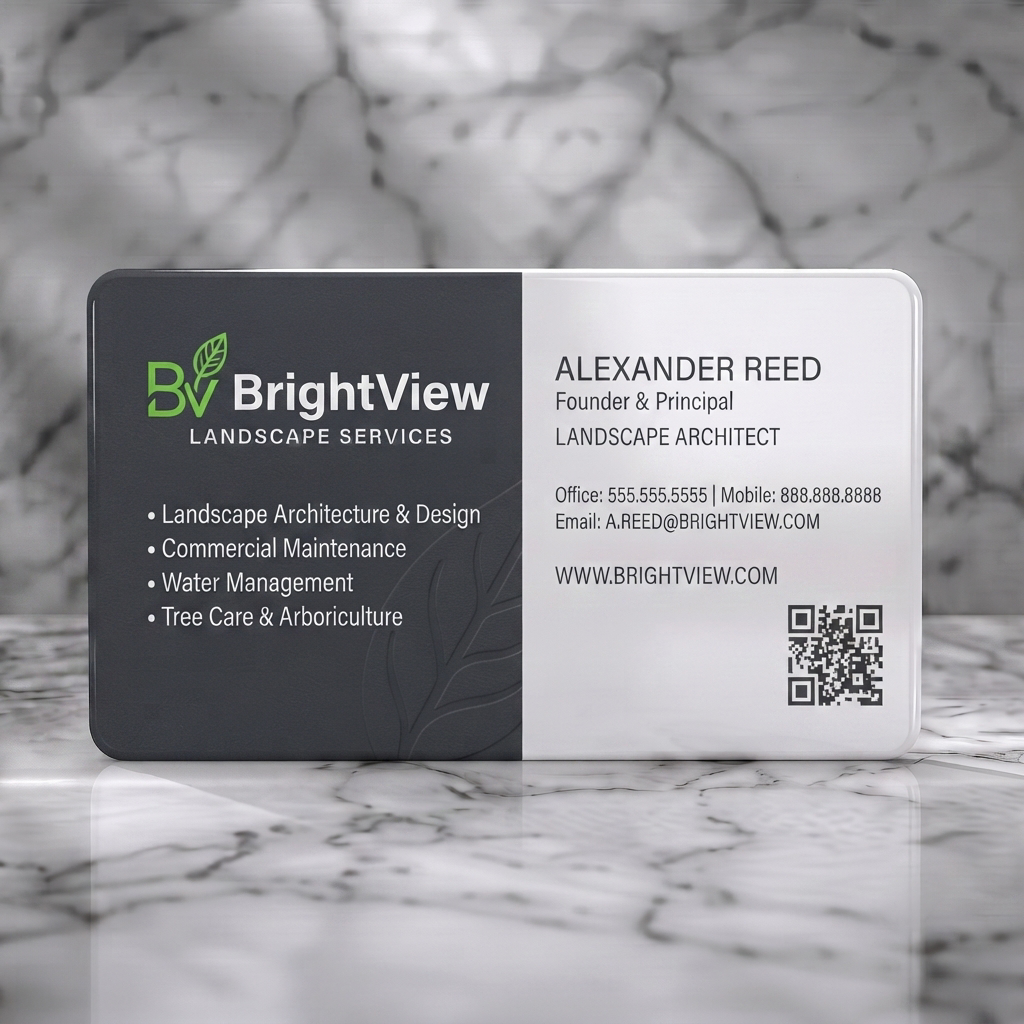 Solid white PVC business card featuring modern split design, dark grey/white, with a leaf logo, embossed motif, sans-serif type, QR code