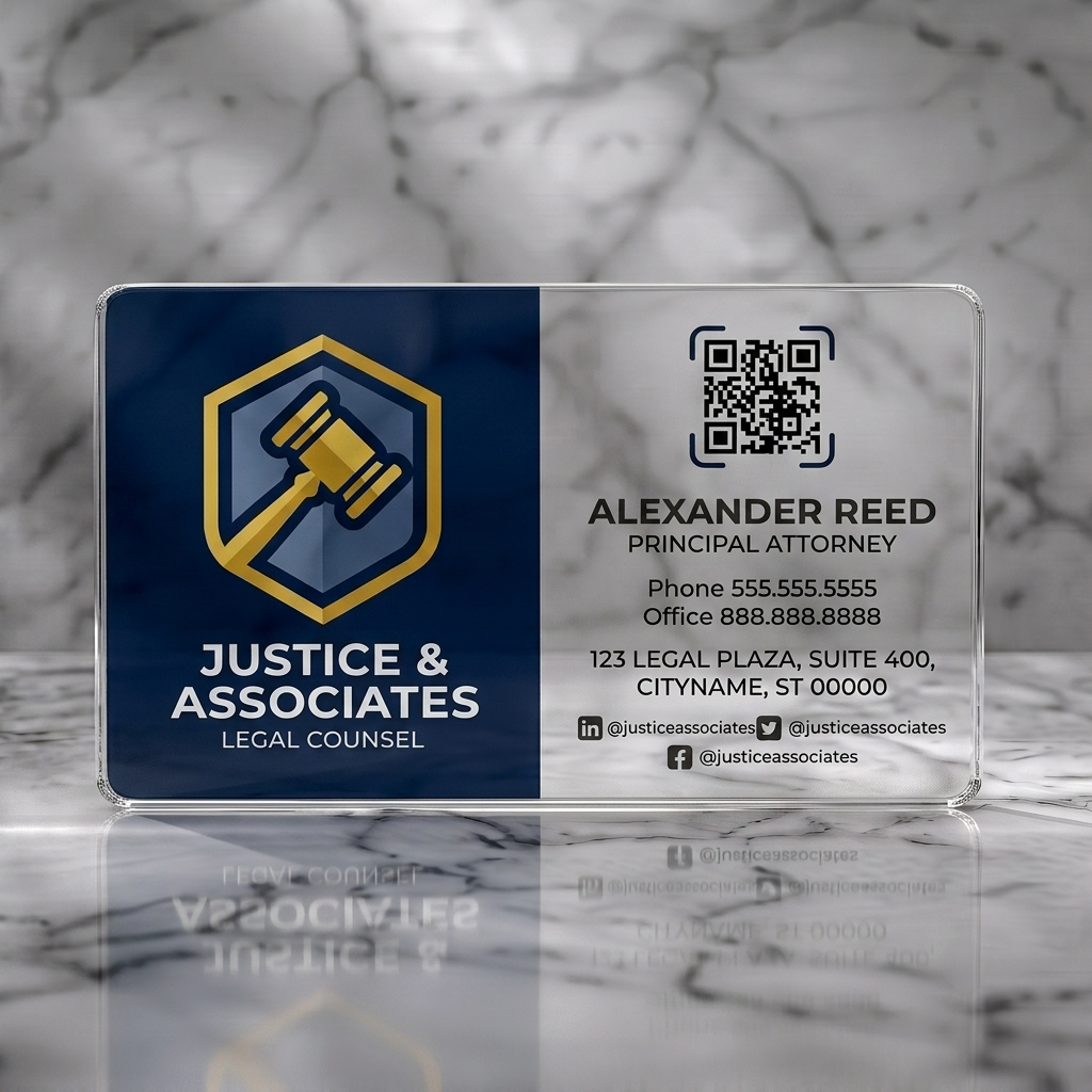 Clear plastic business card featuring a modern two-panel layout, dark blue & white, with a gold gavel logo, sans-serif text, and social icons