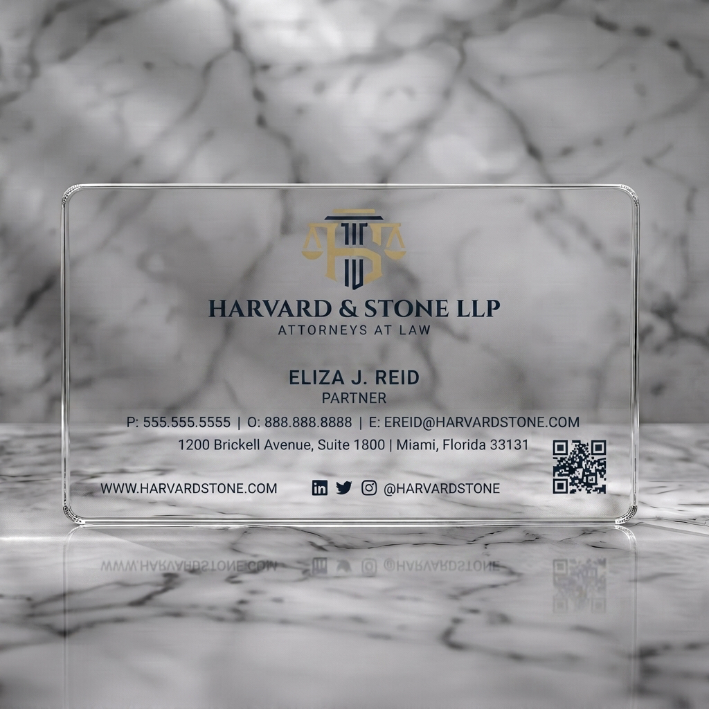 Clear plastic business card featuring an elegant law firm card with gold justice logo, navy text on cream, classic fonts, and social icons