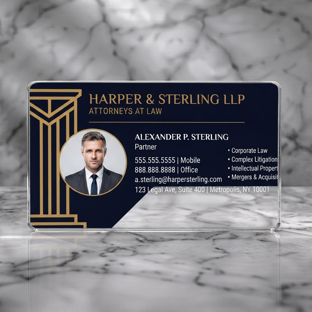 Clear plastic business card featuring elegant navy & gold, professional type, classical column graphic for legal firms