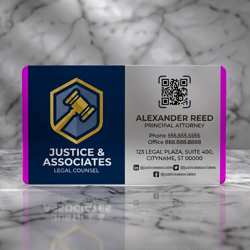 Frosted translucent plastic business card featuring a modern two-panel layout, dark blue & white, with a gold gavel logo, sans-serif text, and social icons