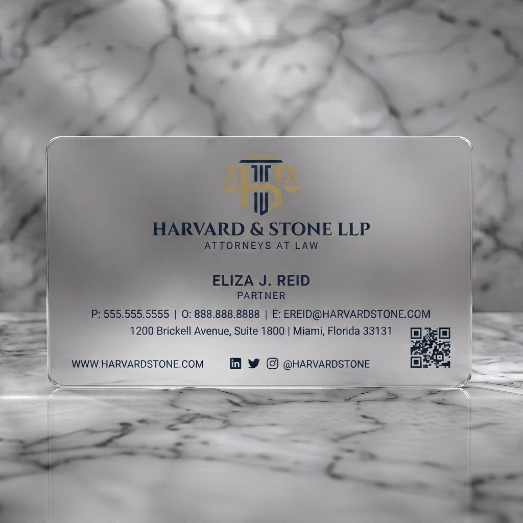 Frosted translucent plastic business card featuring an elegant law firm card with gold justice logo, navy text on cream, classic fonts, and social icons