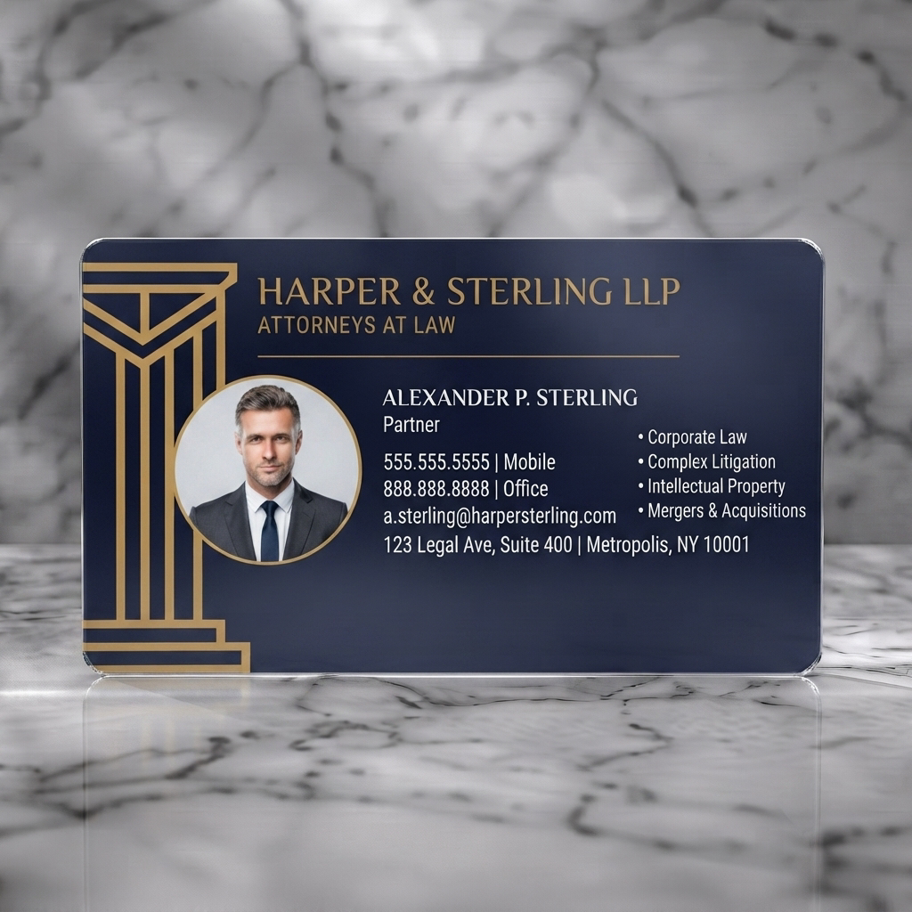 Frosted translucent plastic business card featuring elegant navy & gold, professional type, classical column graphic for legal firms