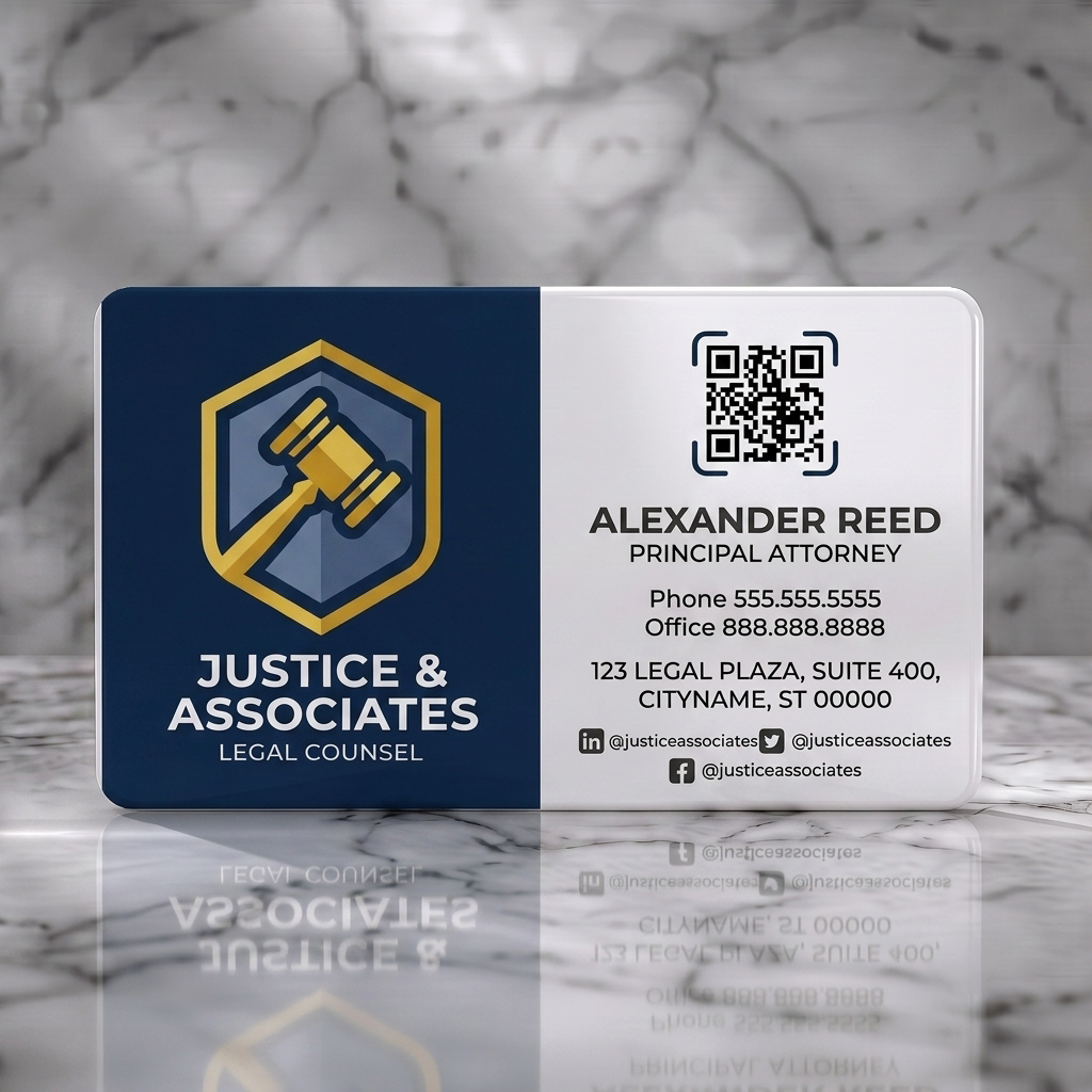 Solid white PVC business card featuring a modern two-panel layout, dark blue & white, with a gold gavel logo, sans-serif text, and social icons