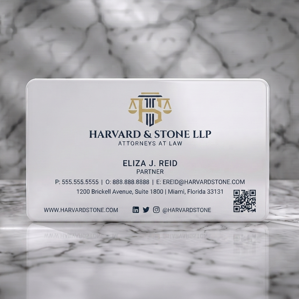 Solid white PVC business card featuring an elegant law firm card with gold justice logo, navy text on cream, classic fonts, and social icons