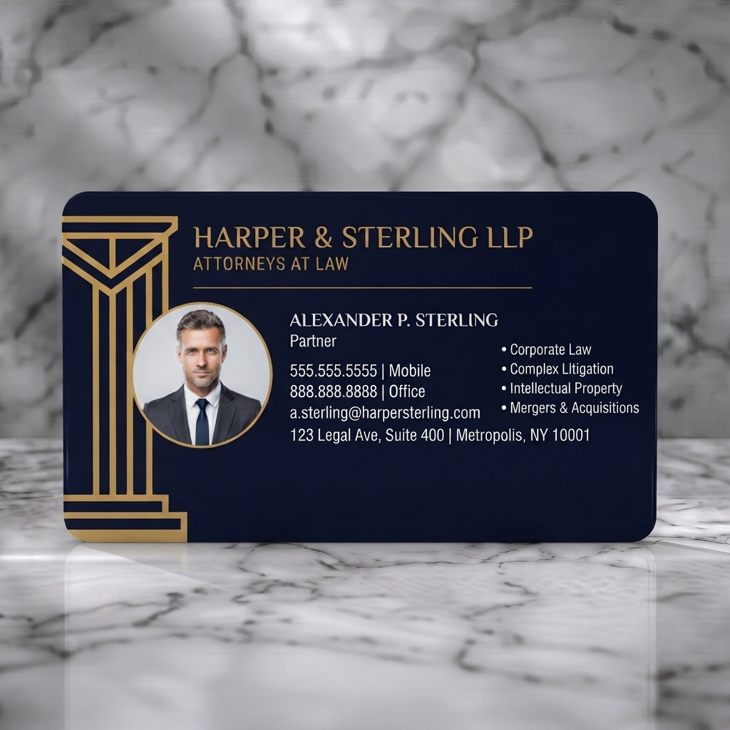 Solid white PVC business card featuring elegant navy & gold, professional type, classical column graphic for legal firms