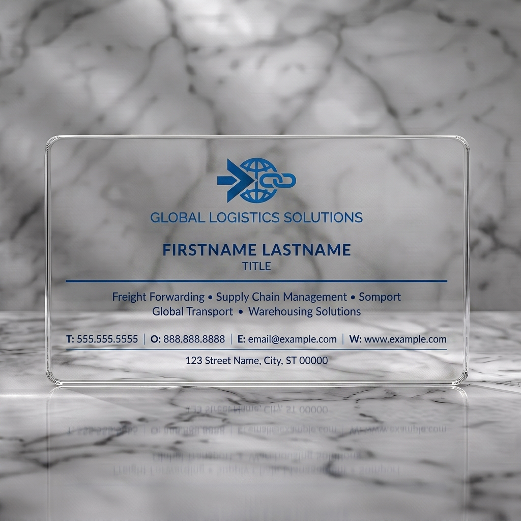 Clear plastic business card featuring modern sans-serif typography, a global logistics logo in dark blue and black, and a clean layout