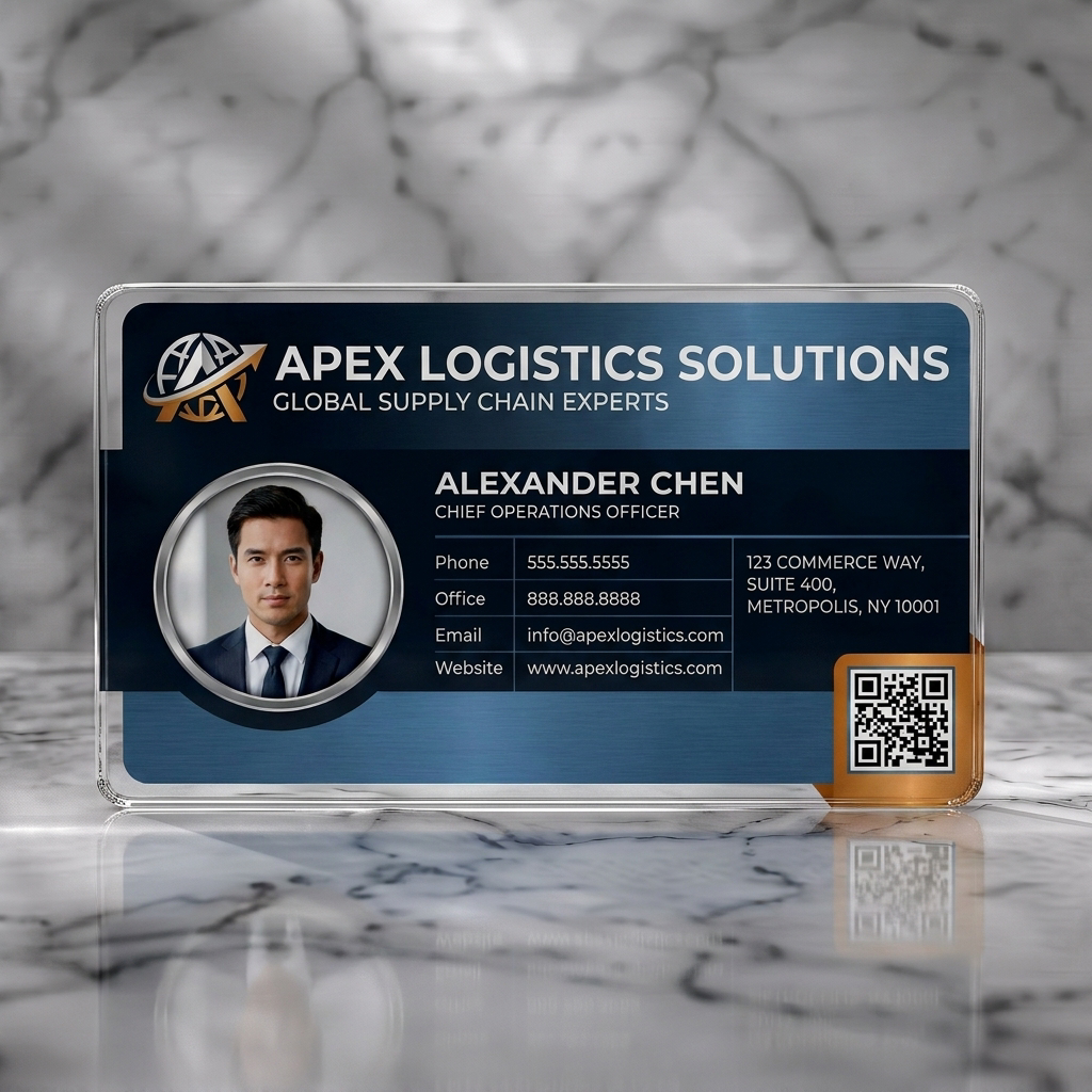 Clear plastic business card featuring sleek blue-gray gradient, modern sans-serif type, metallic globe logo, profile image, and QR code