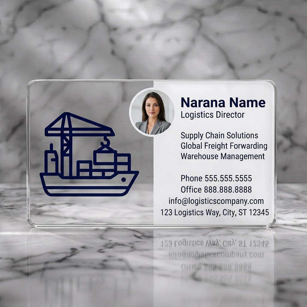 Clear plastic business card featuring clean, split layout with a circular headshot, dark blue logistics icon, and sans-serif typography