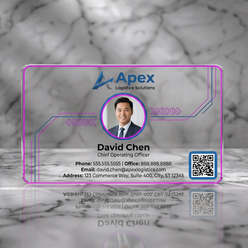 Clear plastic business card featuring modern, professional design with blue tech-inspired lines, Apex logo, sans-serif typography, and a QR code
