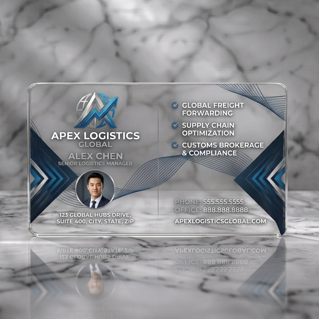 Clear plastic business card featuring modern navy design with a silver-blue global logo, clean sans-serif text, and service checkmarks
