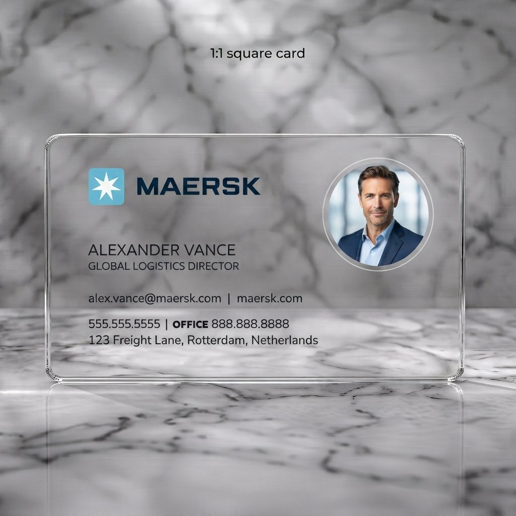 Clear plastic business card featuring maersk star logo, crisp white typography, modern layout, and a professional photo