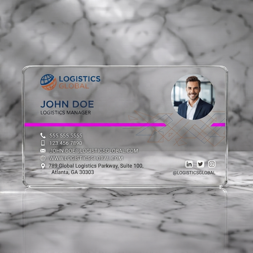 Clear plastic business card featuring modern design, blue & orange branding, geometric lines, clean sans-serif typography, profile photo