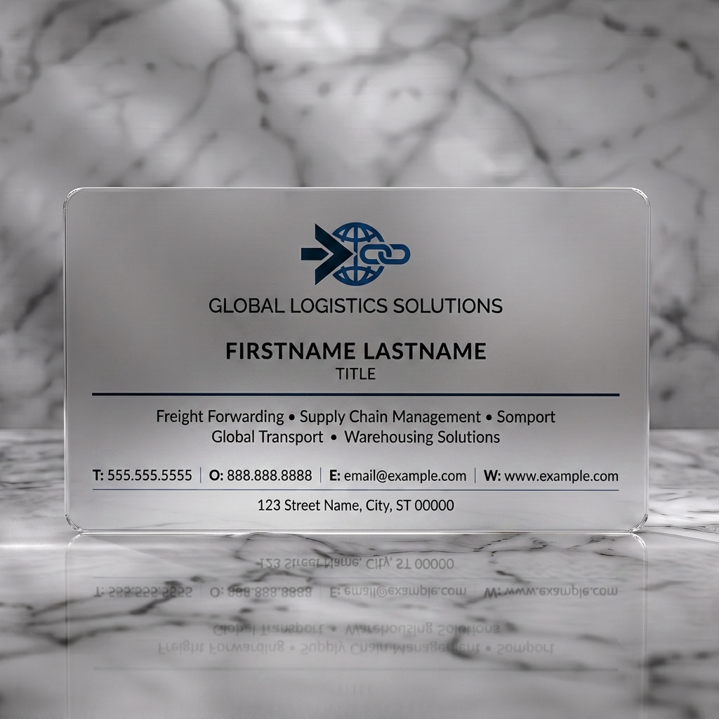 Frosted translucent plastic business card featuring modern sans-serif typography, a global logistics logo in dark blue and black, and a clean layout