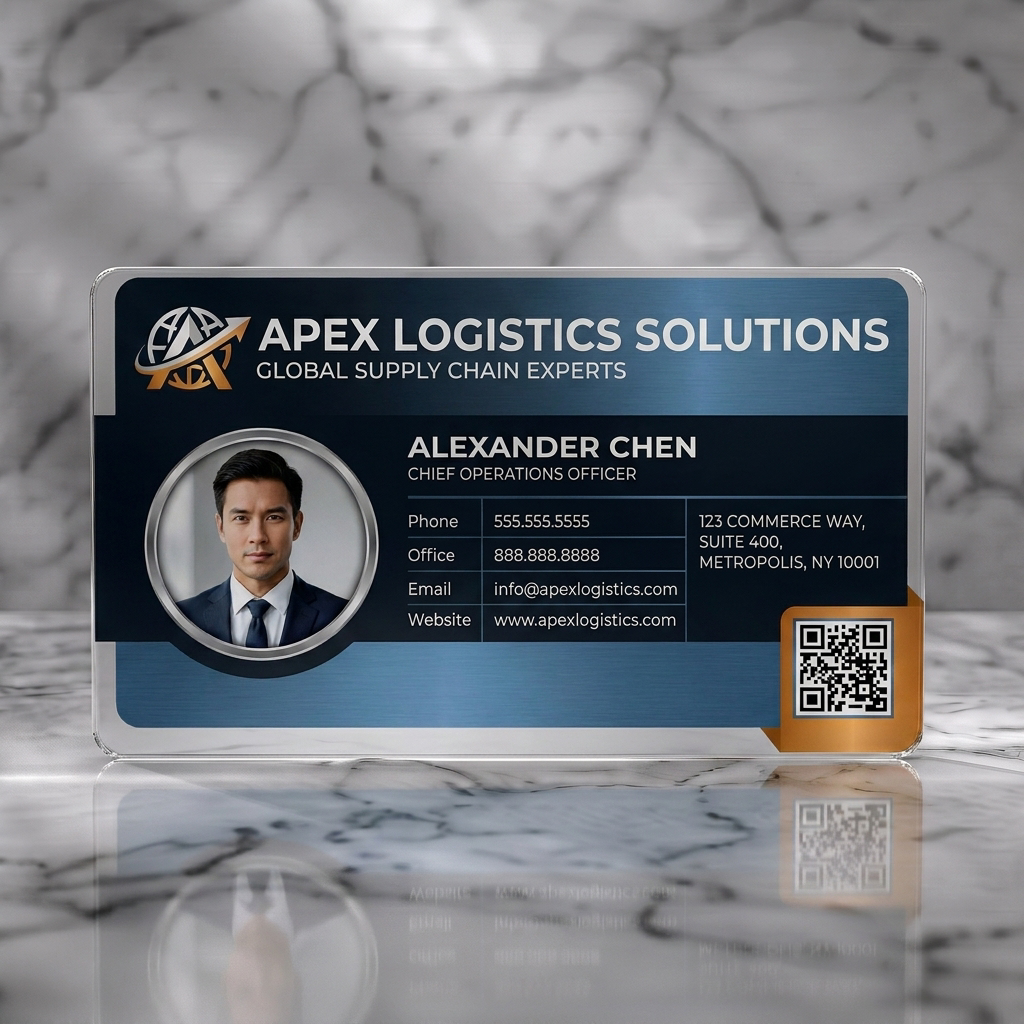 Frosted translucent plastic business card featuring sleek blue-gray gradient, modern sans-serif type, metallic globe logo, profile image, and QR code