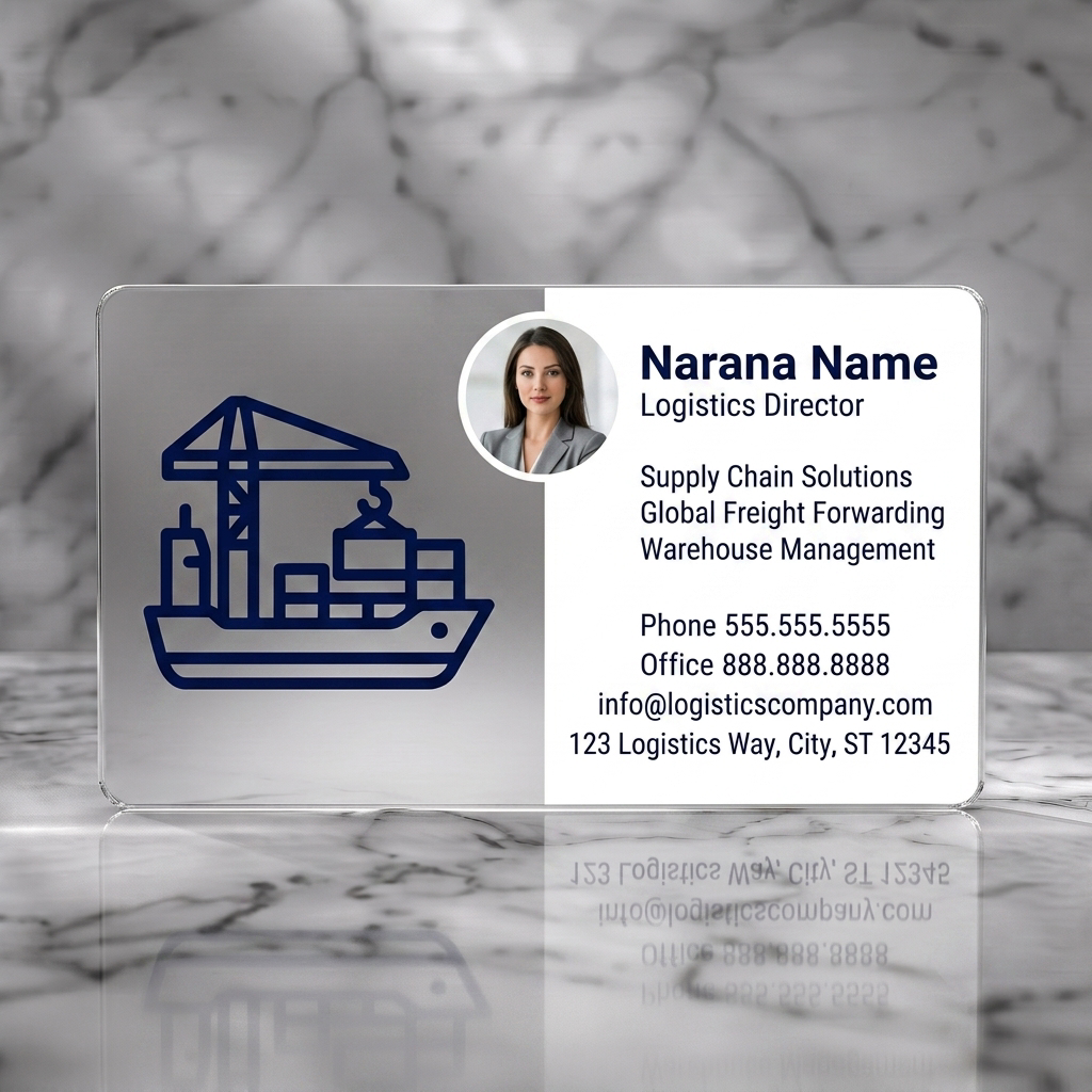 Frosted translucent plastic business card featuring clean, split layout with a circular headshot, dark blue logistics icon, and sans-serif typography