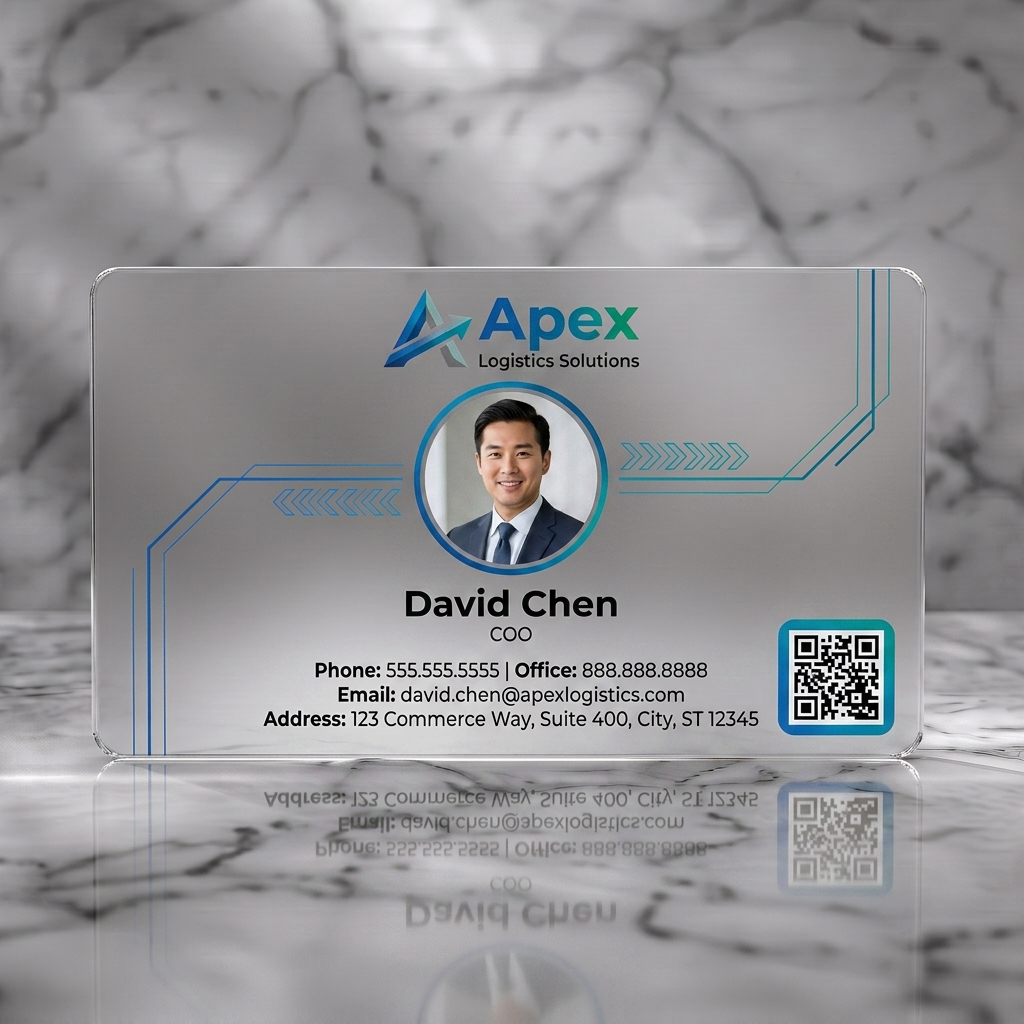 Frosted translucent plastic business card featuring modern, professional design with blue tech-inspired lines, Apex logo, sans-serif typography, and a QR code