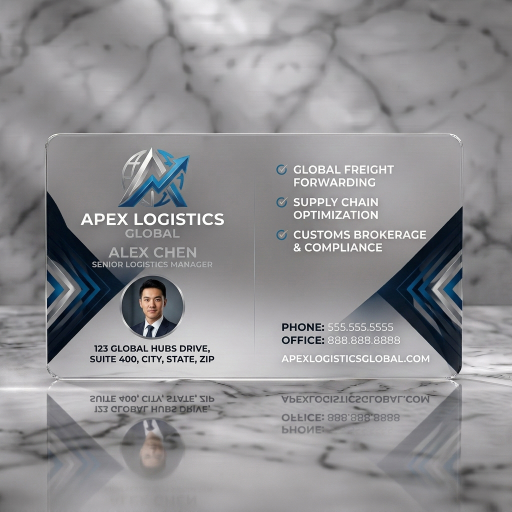 Frosted translucent plastic business card featuring modern navy design with a silver-blue global logo, clean sans-serif text, and service checkmarks