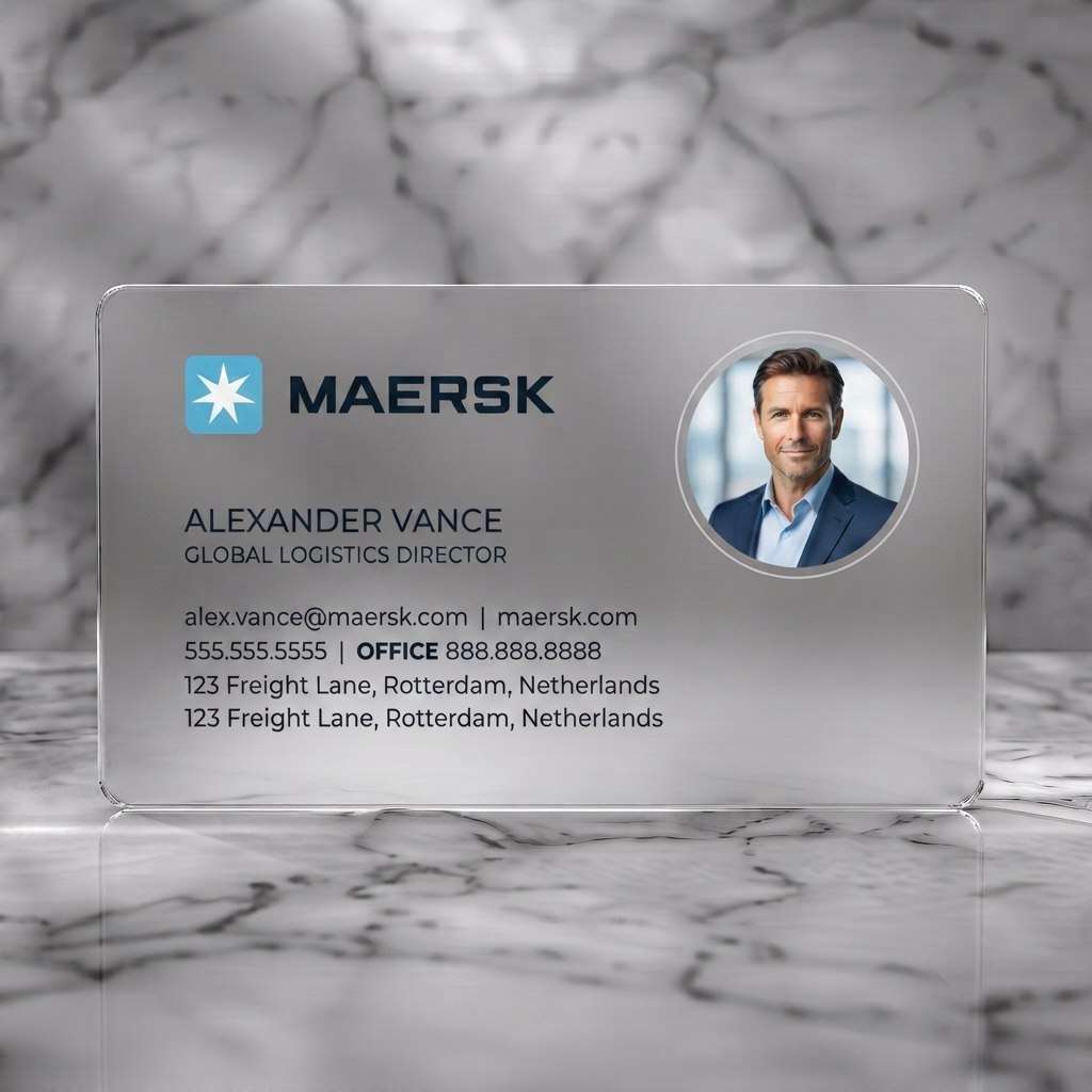 Frosted translucent plastic business card featuring maersk star logo, crisp white typography, modern layout, and a professional photo