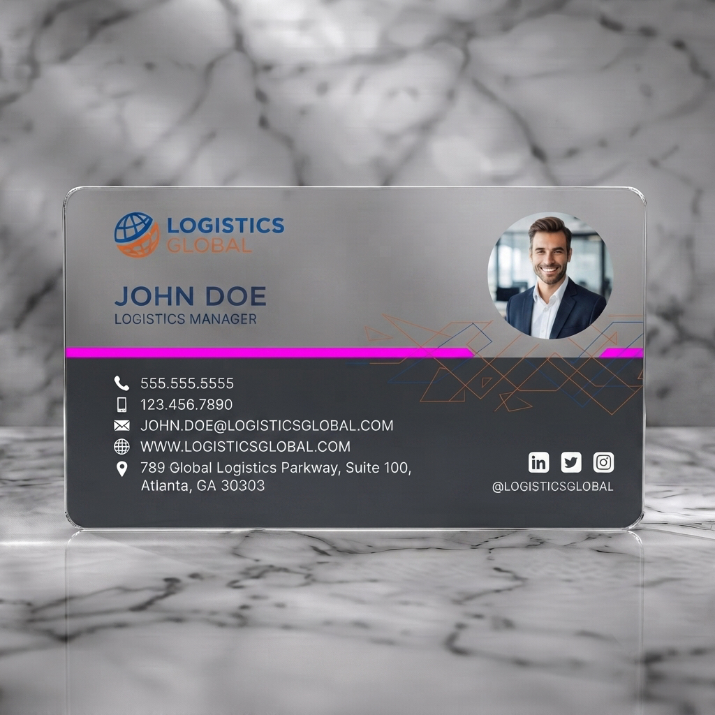 Frosted translucent plastic business card featuring modern design, blue & orange branding, geometric lines, clean sans-serif typography, profile photo