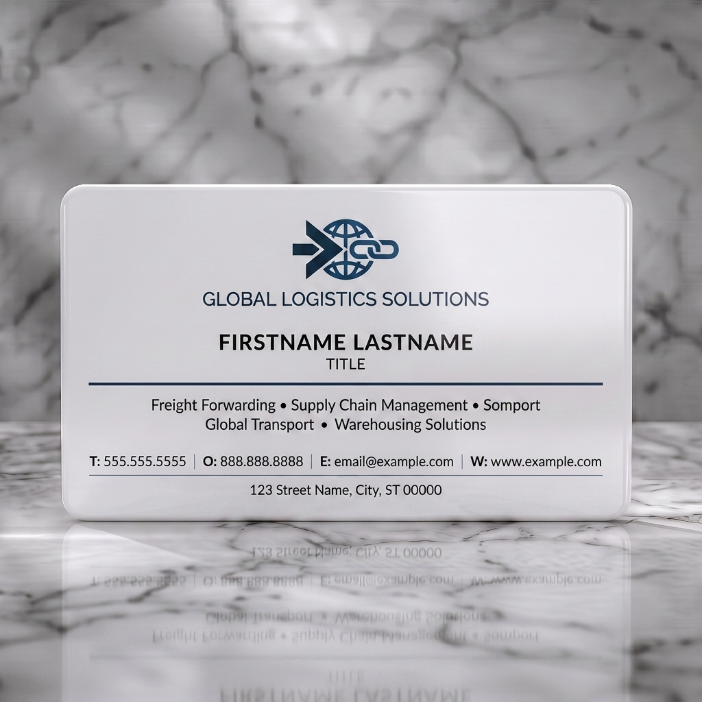 Solid white PVC business card featuring modern sans-serif typography, a global logistics logo in dark blue and black, and a clean layout
