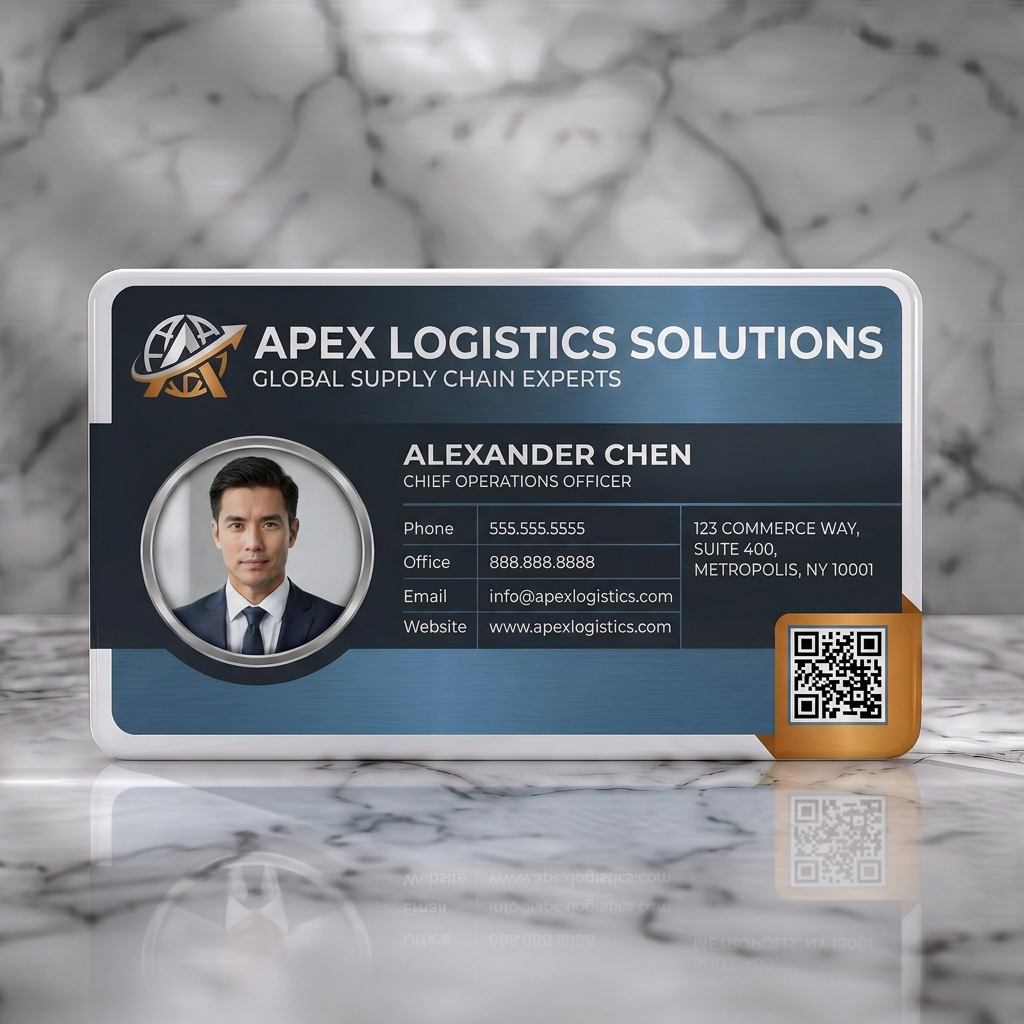 Solid white PVC business card featuring sleek blue-gray gradient, modern sans-serif type, metallic globe logo, profile image, and QR code