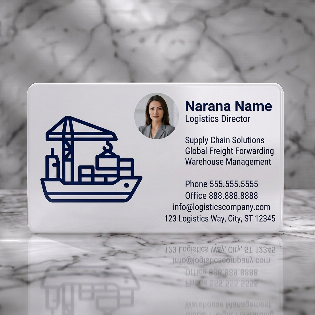 Solid white PVC business card featuring clean, split layout with a circular headshot, dark blue logistics icon, and sans-serif typography