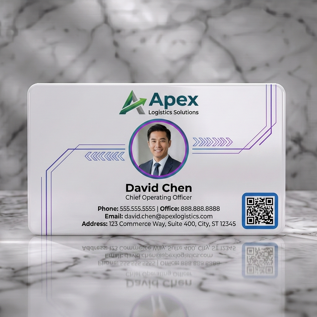 Solid white PVC business card featuring modern, professional design with blue tech-inspired lines, Apex logo, sans-serif typography, and a QR code