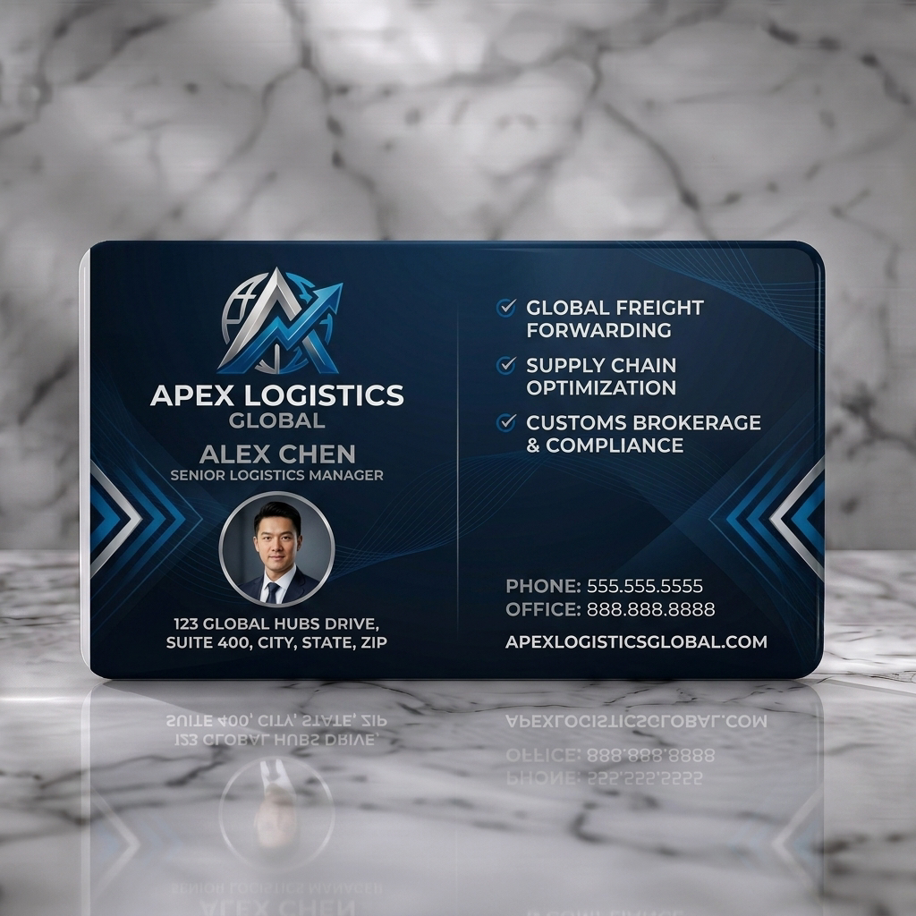 Solid white PVC business card featuring modern navy design with a silver-blue global logo, clean sans-serif text, and service checkmarks