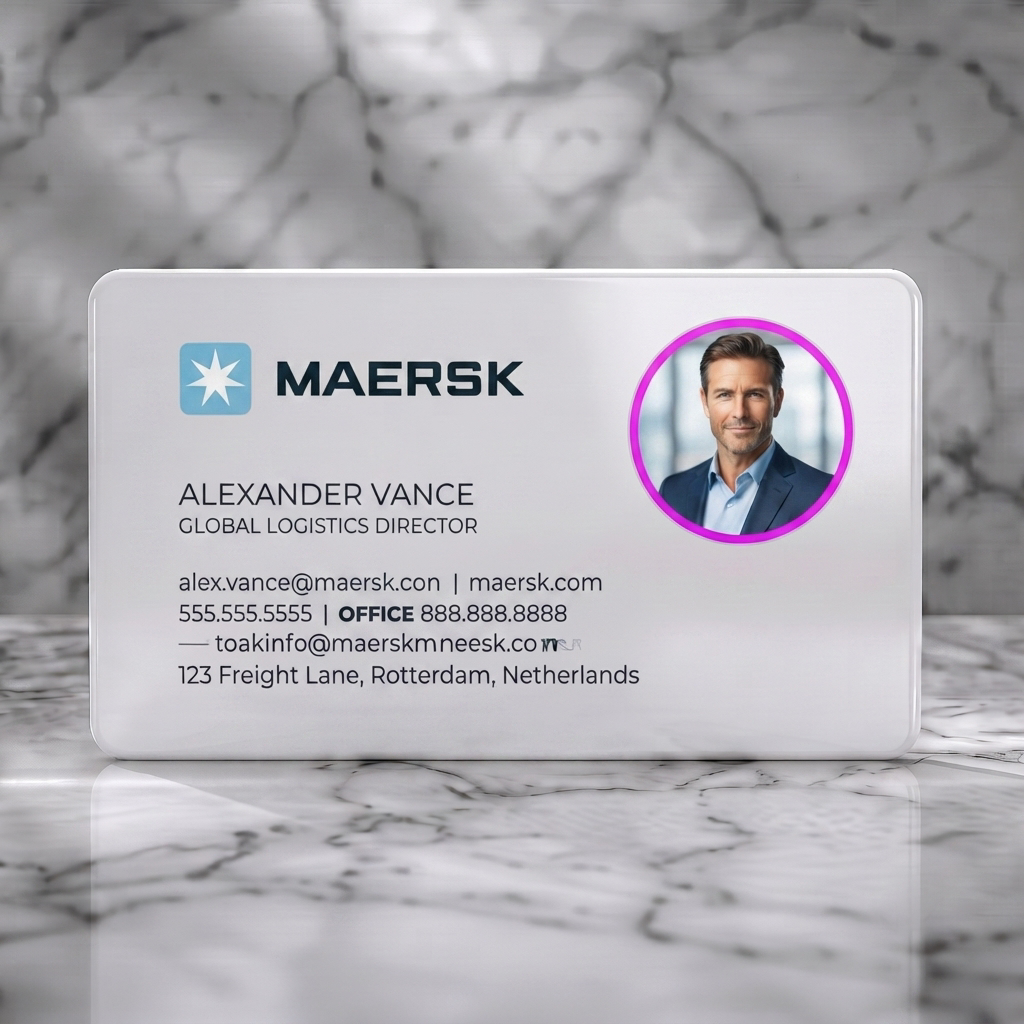 Solid white PVC business card featuring maersk star logo, crisp white typography, modern layout, and a professional photo
