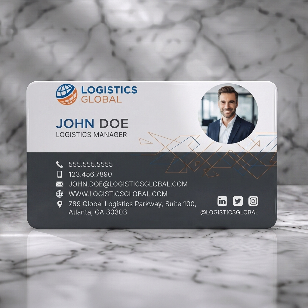 Solid white PVC business card featuring modern design, blue & orange branding, geometric lines, clean sans-serif typography, profile photo
