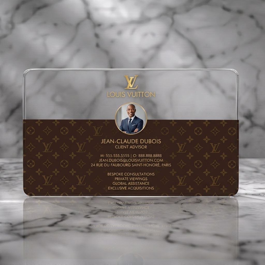 Clear plastic business card featuring louis Vuitton monogram pattern, gold branding, modern white typography, and professional circular photo