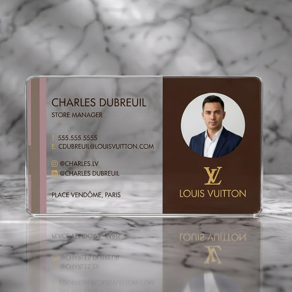 Clear plastic business card featuring luxurious brown and plum palette, sleek sans-serif typography, iconic LV logo, and professional headshot