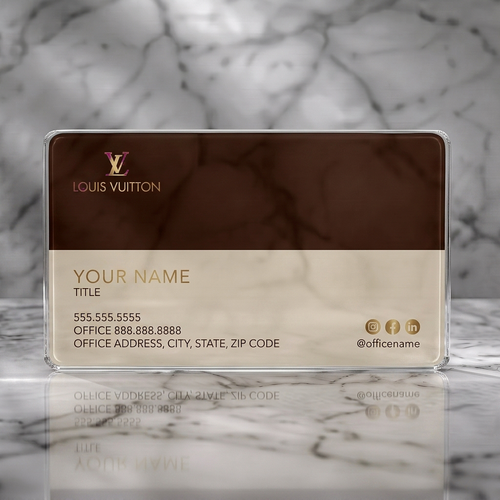 Clear plastic business card featuring luxurious brown and beige design, gold LV logo, clean sans-serif typography, and social media icons