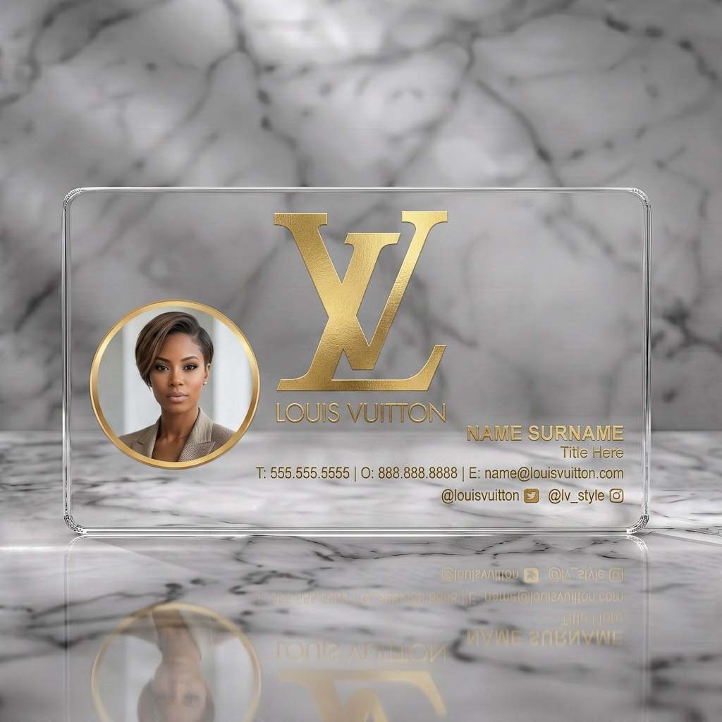 Clear plastic business card featuring gold LV monogram, professional portrait, crisp white typography, and contact icons
